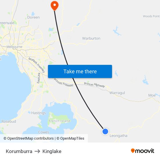 Korumburra to Kinglake map