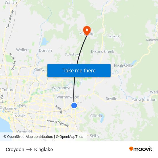 Croydon to Kinglake map