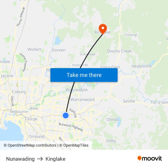 Nunawading to Kinglake map