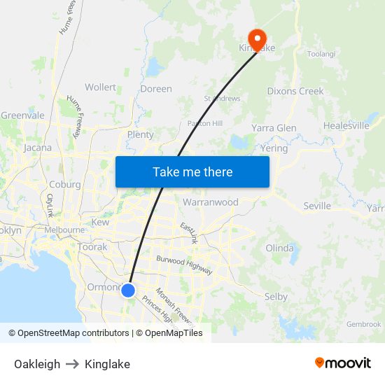 Oakleigh to Kinglake map