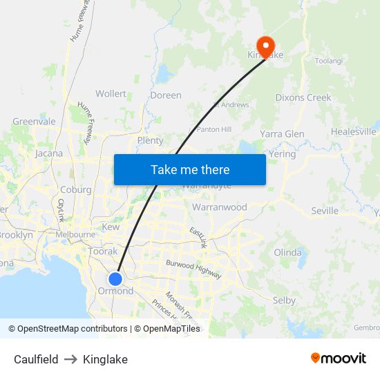 Caulfield to Kinglake map