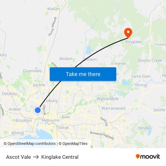 Ascot Vale to Kinglake Central map