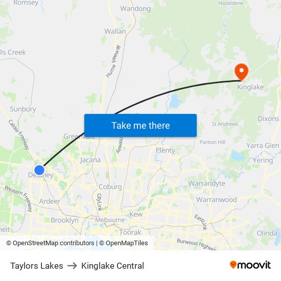 Taylors Lakes to Kinglake Central map