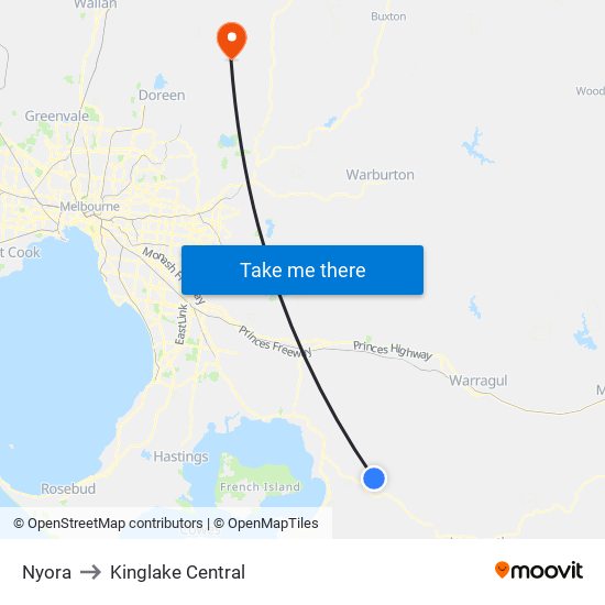 Nyora to Kinglake Central map