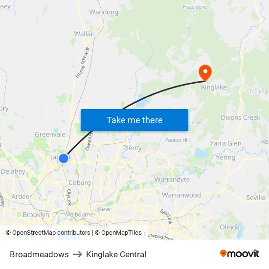 Broadmeadows to Kinglake Central map