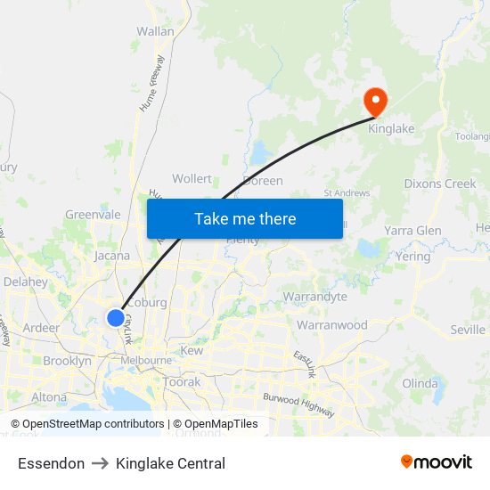 Essendon to Kinglake Central map