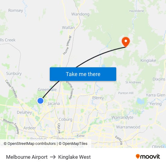 Melbourne Airport to Kinglake West map