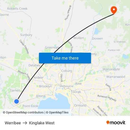 Werribee to Kinglake West map