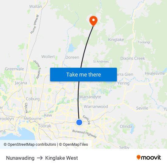 Nunawading to Kinglake West map