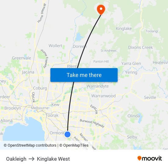 Oakleigh to Kinglake West map