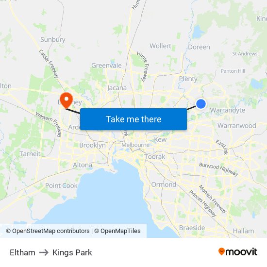 Eltham to Kings Park map