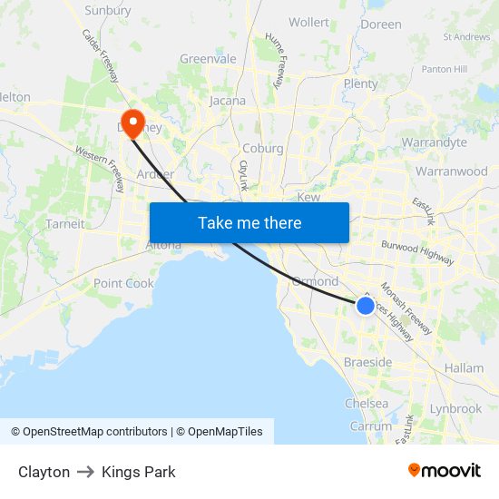 Clayton to Kings Park map