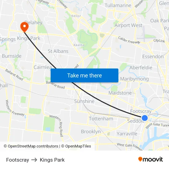 Footscray to Kings Park map