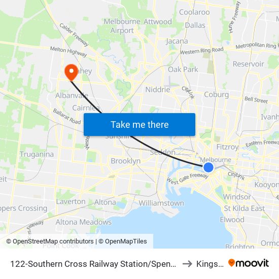 122-Southern Cross Railway Station/Spencer St (Melbourne City) to Kings Park map