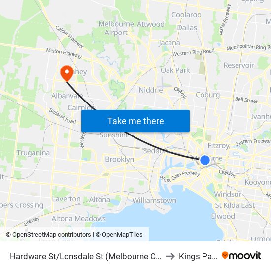 Hardware St/Lonsdale St (Melbourne City) to Kings Park map