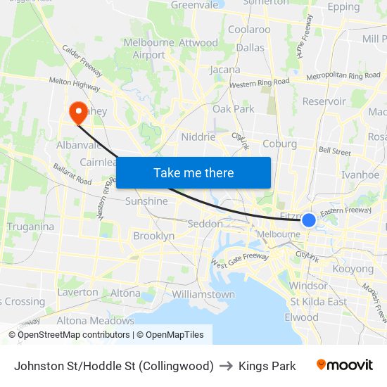 Johnston St/Hoddle St (Collingwood) to Kings Park map