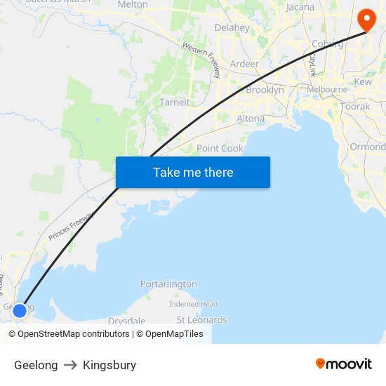 Geelong to Kingsbury map