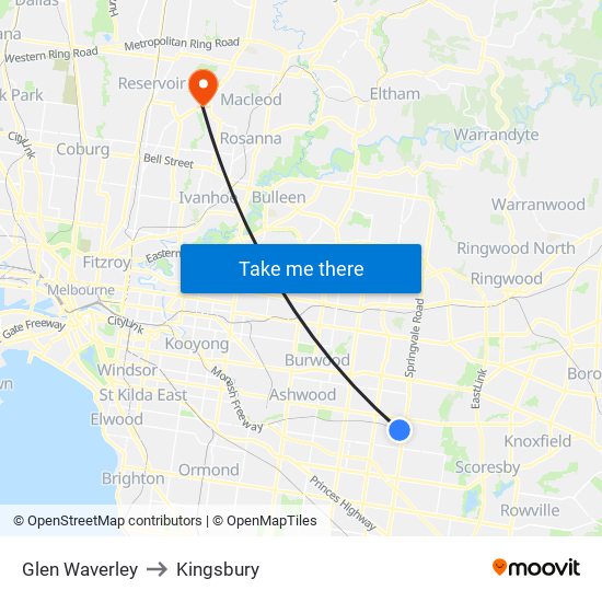 Glen Waverley to Kingsbury map