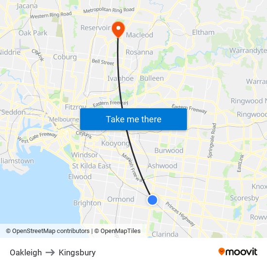 Oakleigh to Kingsbury map