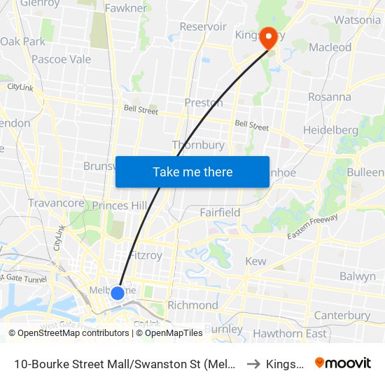 10-Bourke Street Mall/Swanston St (Melbourne City) to Kingsbury map