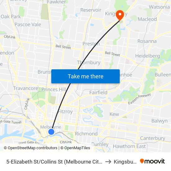 5-Elizabeth St/Collins St (Melbourne City) to Kingsbury map