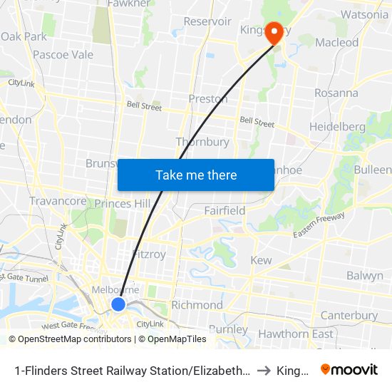 1-Flinders Street Railway Station/Elizabeth St (Melbourne City) to Kingsbury map