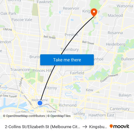 2-Collins St/Elizabeth St (Melbourne City) to Kingsbury map