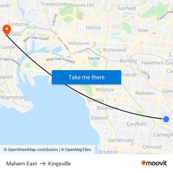 Malvern East to Kingsville map