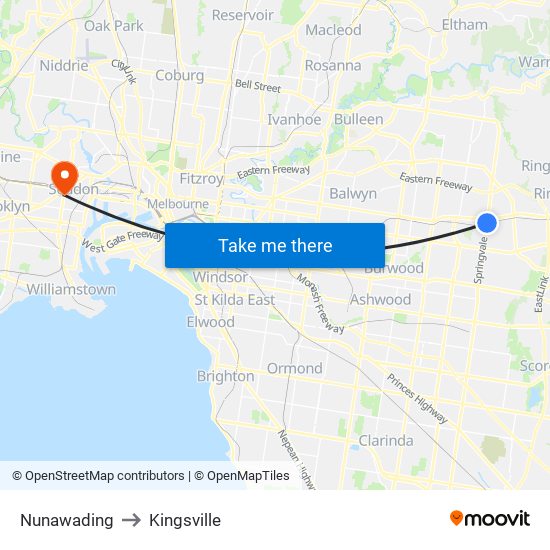 Nunawading to Kingsville map