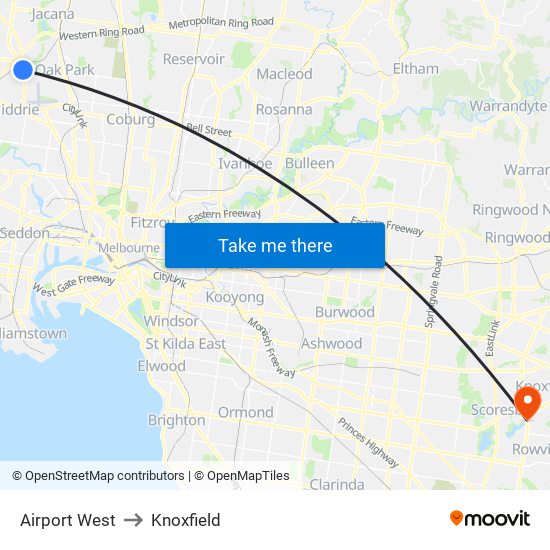 Airport West to Knoxfield map