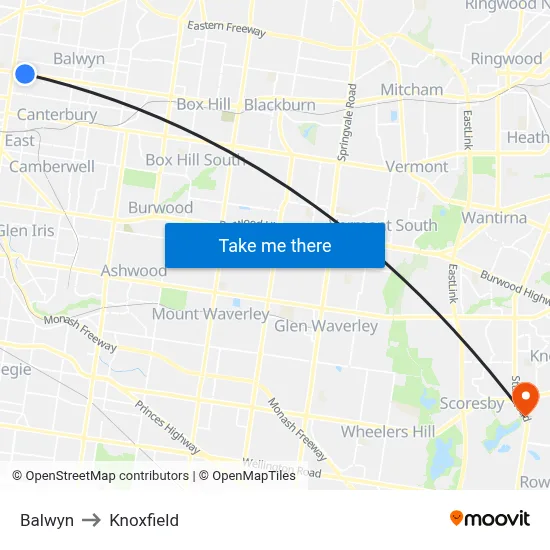 Balwyn to Knoxfield map