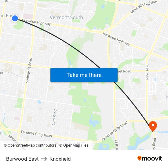 Burwood East to Knoxfield map