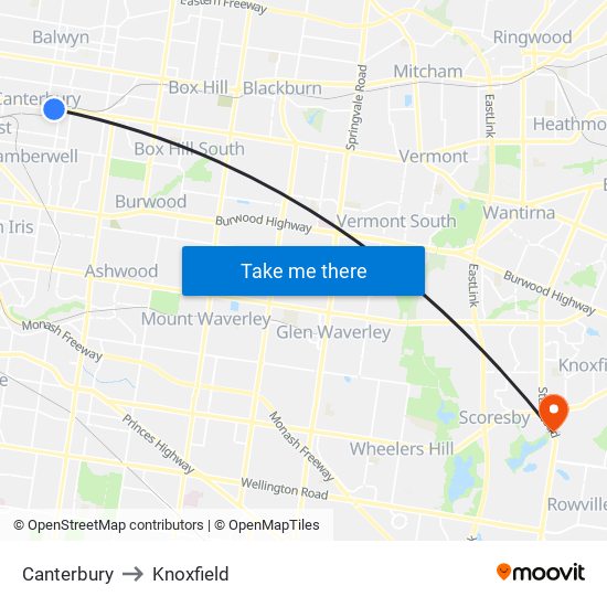 Canterbury to Knoxfield map