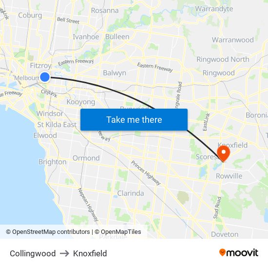 Collingwood to Knoxfield map