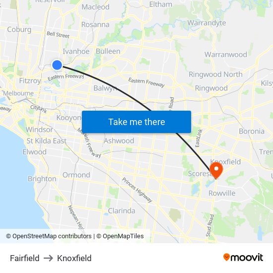 Fairfield to Knoxfield map