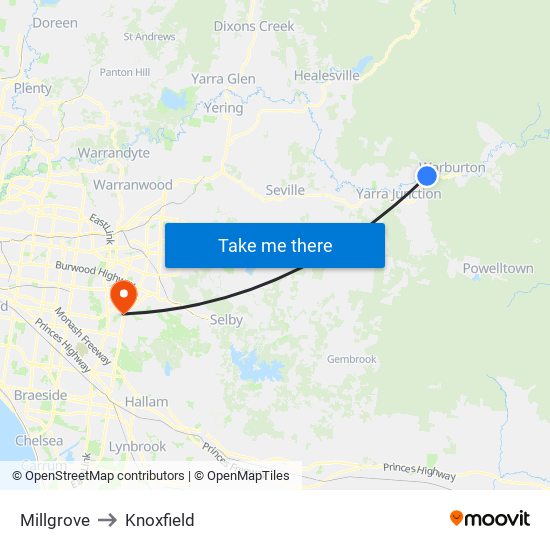 Millgrove to Knoxfield map