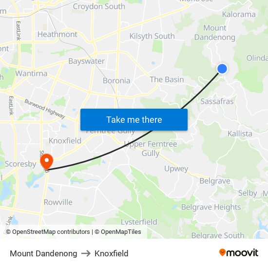 Mount Dandenong to Knoxfield map