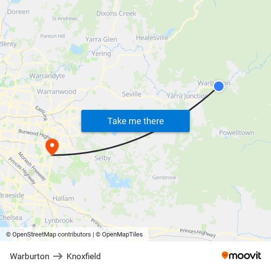 Warburton to Knoxfield map