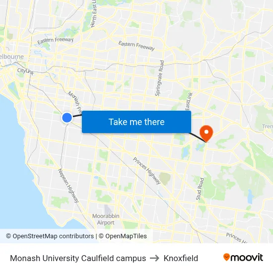 Monash University Caulfield campus to Knoxfield map