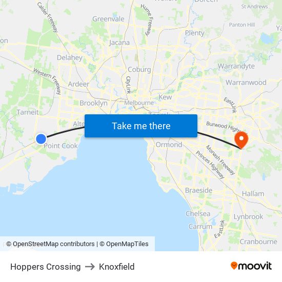 Hoppers Crossing to Knoxfield map