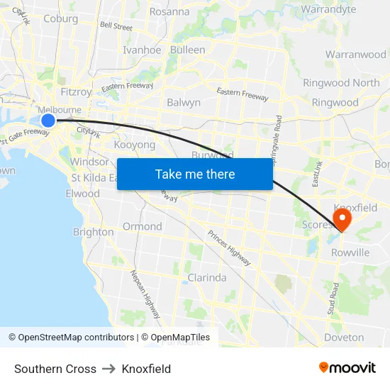 Southern Cross to Knoxfield map