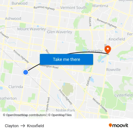 Clayton to Knoxfield map