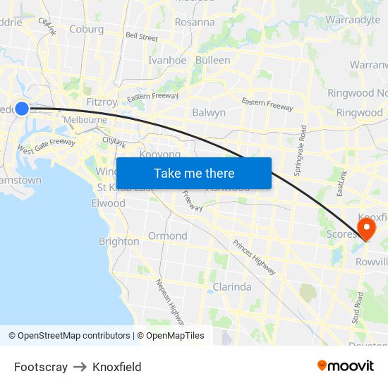 Footscray to Knoxfield map