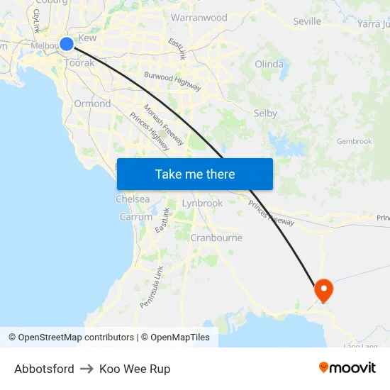Abbotsford to Koo Wee Rup map