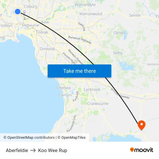 Aberfeldie to Koo Wee Rup map