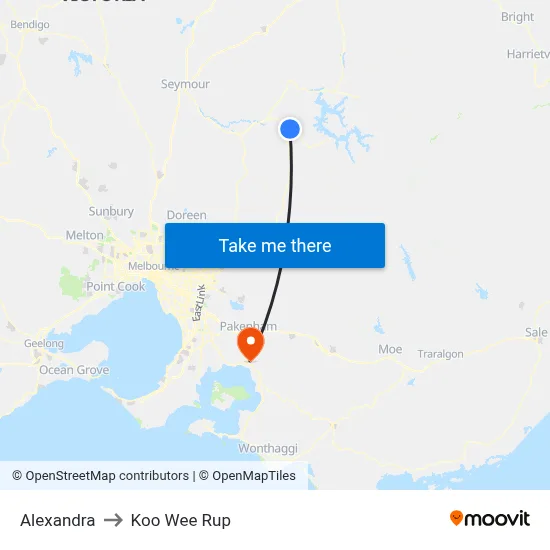 Alexandra to Koo Wee Rup map