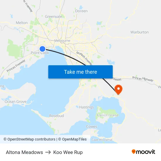 Altona Meadows to Koo Wee Rup map