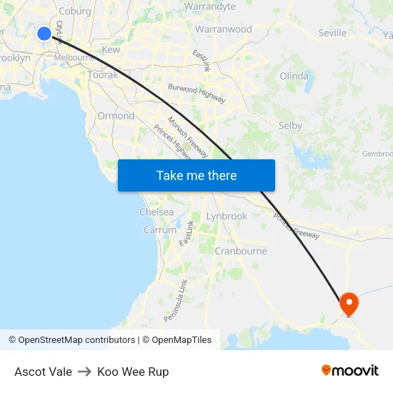 Ascot Vale to Koo Wee Rup map