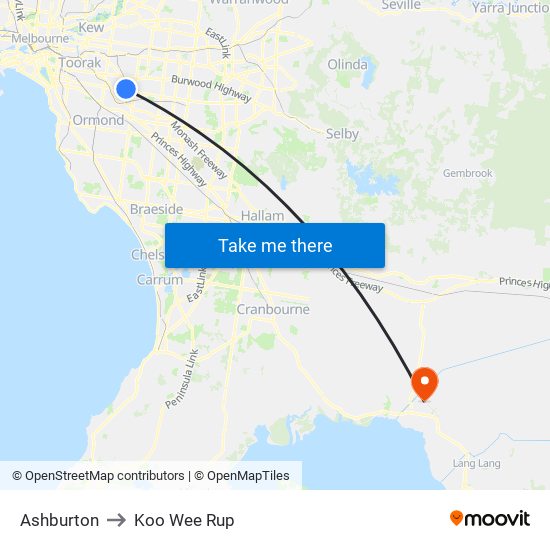 Ashburton to Koo Wee Rup map