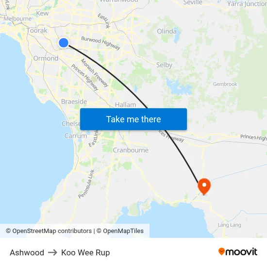 Ashwood to Koo Wee Rup map